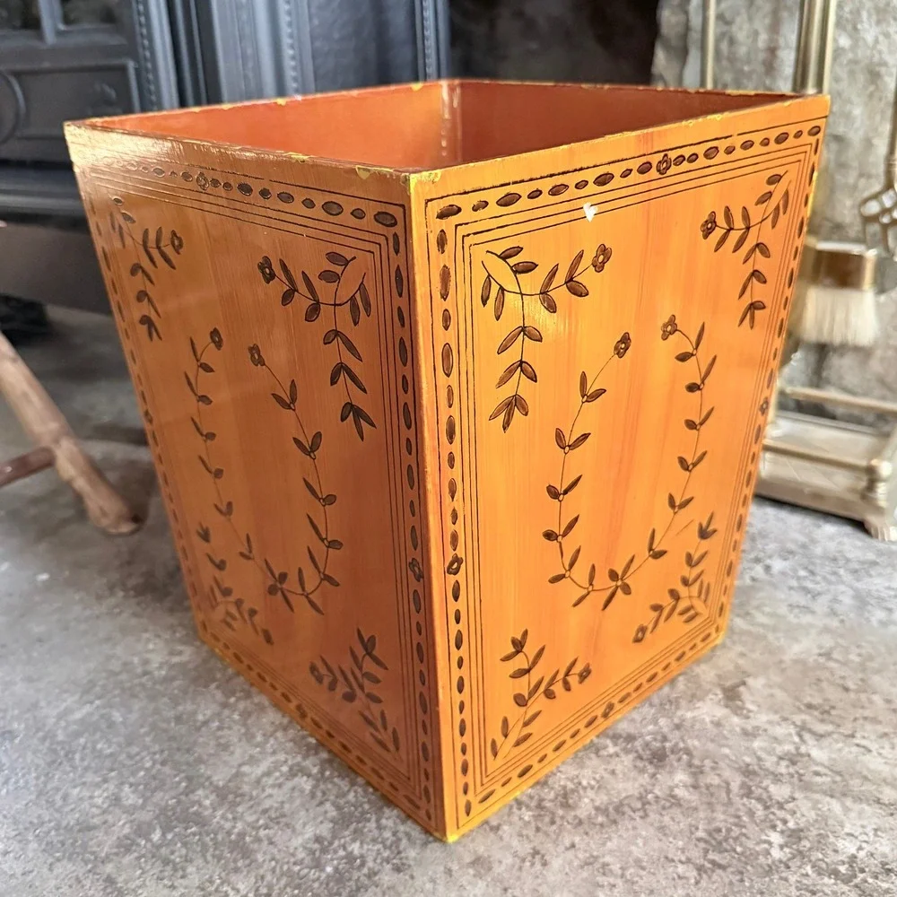 Vintage Hand Painted Wooden Wastebasket - Amber Folk Art Leaf Vine Trash Can
